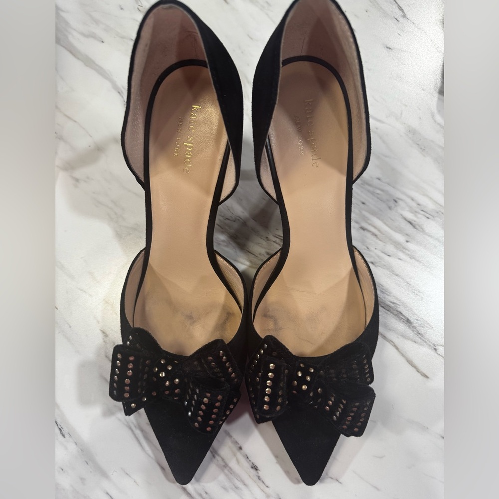 Black Suede Kate Spade Gold Studded Bow Pointed-Toe Pumps size 10 - Picture 2 of 10